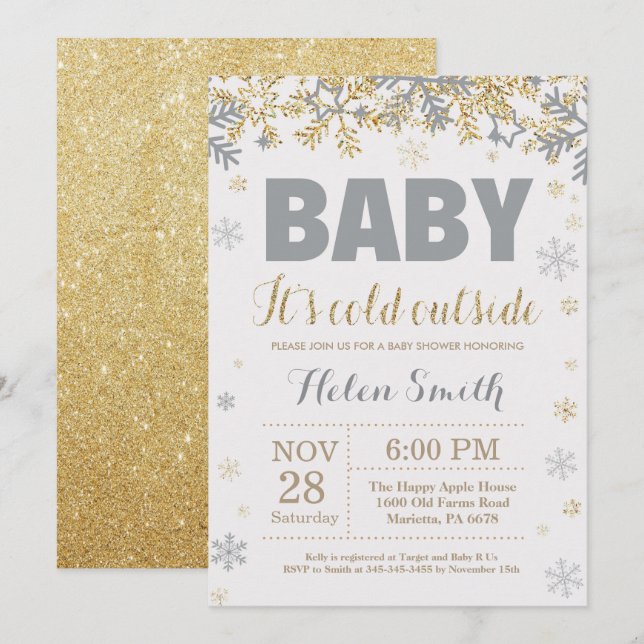 Convites Bebê é frio lá fora Chás de fraldas e Douradas (Frente/Verso)