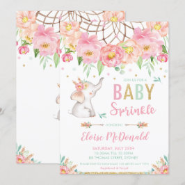 Convites Bebê Elefante Boho Espelha Garota Rosa Mint Floral
