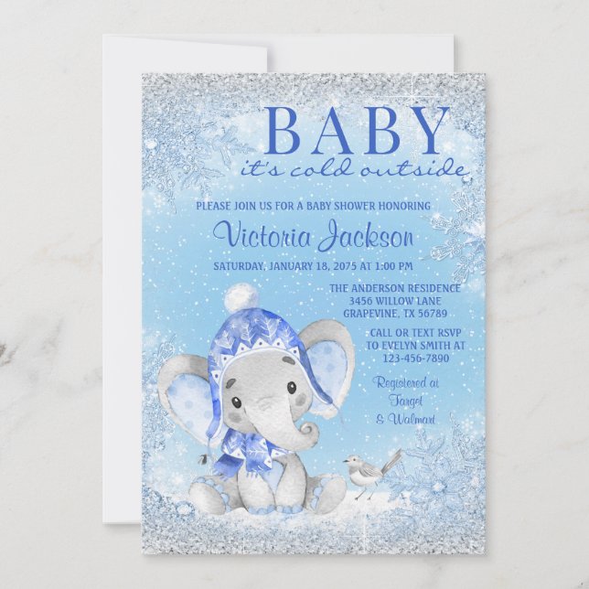 Convites Bebê Elefante Está Frio Lá Fora Chuveiro de Bebê (Frente)