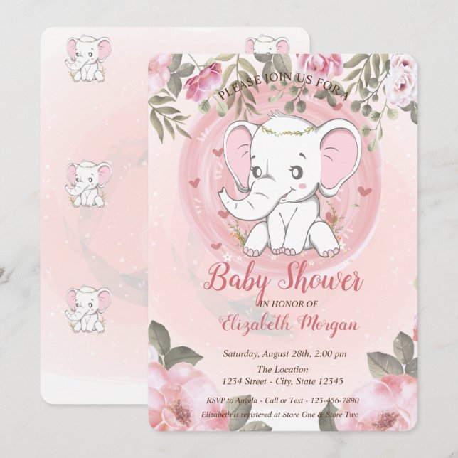 Convites Bebê Elefante Fofo, Chás de Bebê Florais (Frente/Verso)