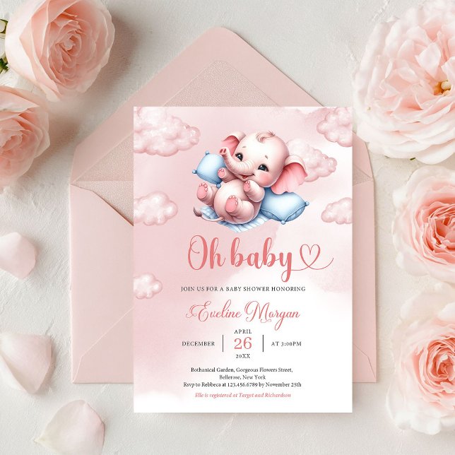 Convites Bebê elefante fofo em berço cor-de-rosa e azul  (Cute Elephant Girl Baby Shower Invitation Editable Printable Template Instant Download)