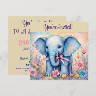 Convites Bebê Elefante Fofo Em um Jardim Pastel 