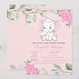 Convites Bebê Elefante Fofo, Folhas, Churrasco de Bebê Flor