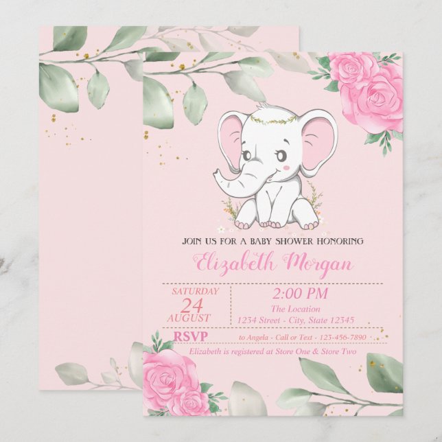 Convites Bebê Elefante Fofo, Folhas, Churrasco de Bebê Flor (Frente/Verso)