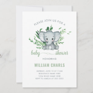 Convites Bebê Elefante Fofo Menino Verde Folhagem Branco