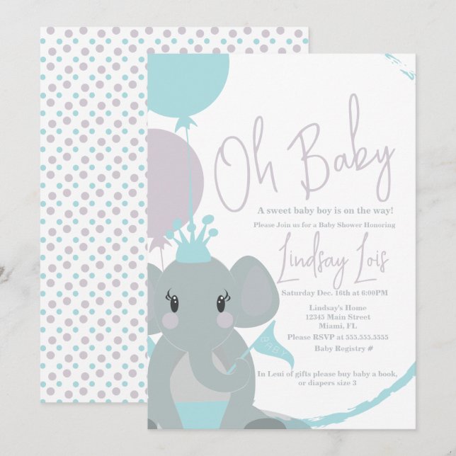 Convites Bebê Elefante Menina Balões Script Chã de Bebê  (Frente/Verso)