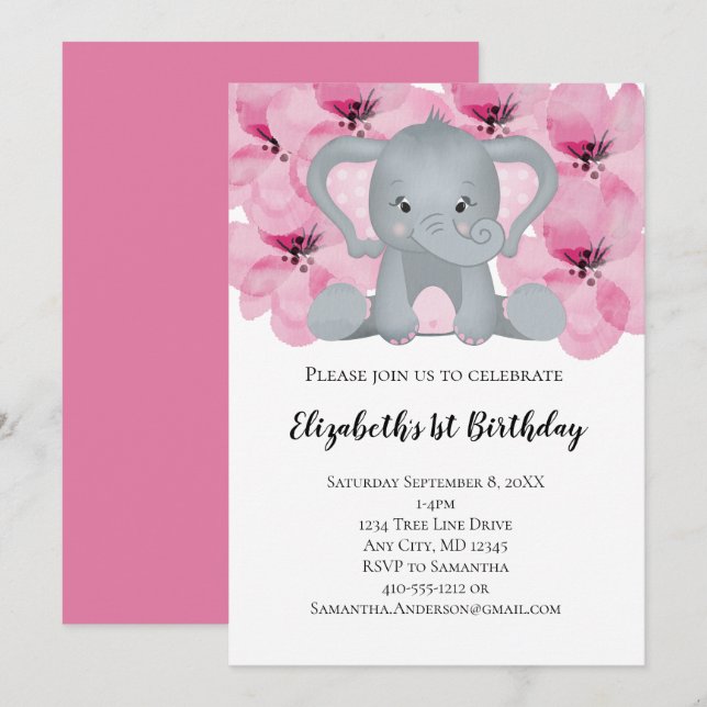 Convites Bebê Elefante Menina Rosa Flores Floral Fofo (Frente/Verso)