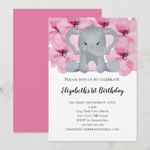 Convites Bebê Elefante Menina Rosa Flores Floral Fofo