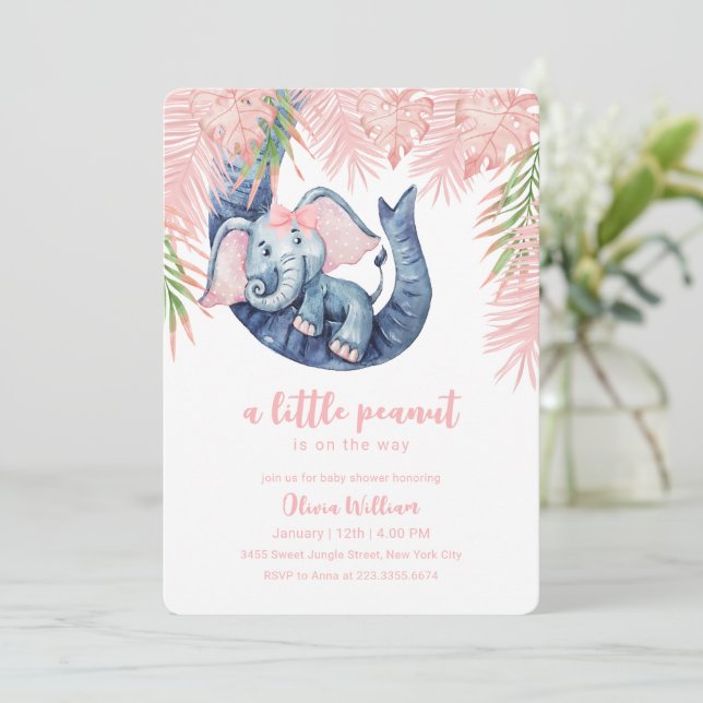 Convites Bebê Elefante Pequeno Amendoim Rosa Choque Chá de  (Em pé/Frente)