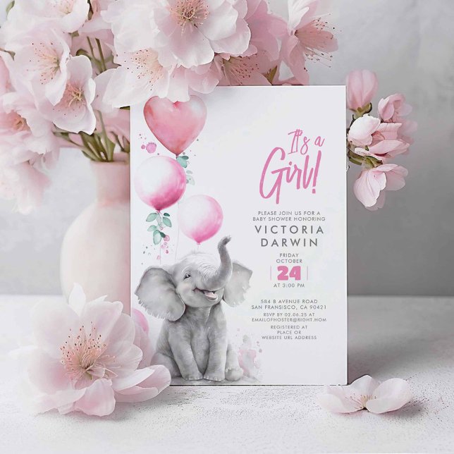 Convites Bebê Elefante Rosa e Cinza Chá de fraldas (Pink Balloons and Elephant Baby Shower Invitations - It's A Girl!)