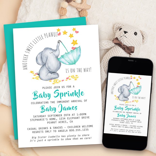 Convites Bebê Elefante Sprinkle Outro Doce Amendoim (Baby Elephant Baby Sprinkle invitation for another sweet little peanut!)