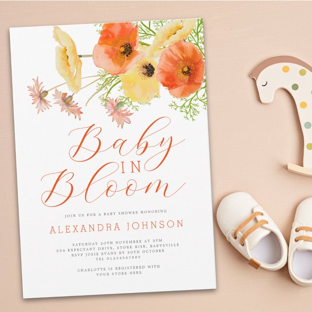 Convites Bebê Elegante em Flor de Laranja Amarelo (Elegant baby in bloom yellow & orange floral gender neutral baby shower invitation watercolor flower)
