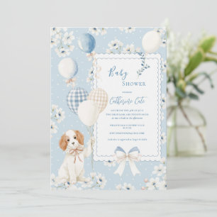 Convites Bebê Elegante Floral Azul com Balões Cachorrinho