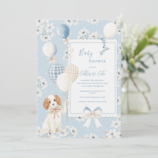 Convites Bebê Elegante Floral Azul com Balões Cachorrinho (Em pé/Frente)
