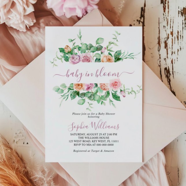 Convites Bebê Elegante no Bloom Floral Chá de fraldas (Criador carregado)