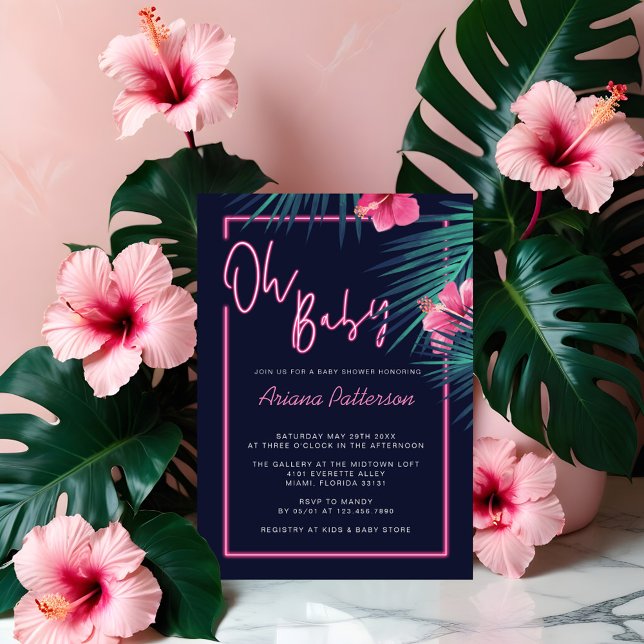 Convites Bebê Elétrica Neon Rosa Chá de fraldas Tropical (Oh Baby Electric Neon Pink Tropical Baby Shower Invitation)