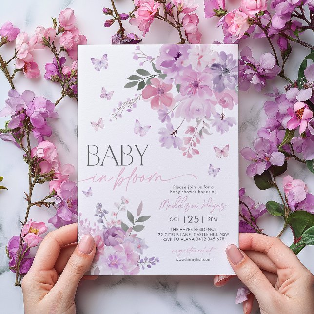 Convites Bebê em Blogosfera Chá de fraldas Floral Roxo (Baby in Bloom Butterfly Baby Shower Invitation | Pink and Purple Flowers and Butterflies)