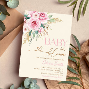 Convites Bebê Em Blogue Boho Chá de fraldas Floral Rosa