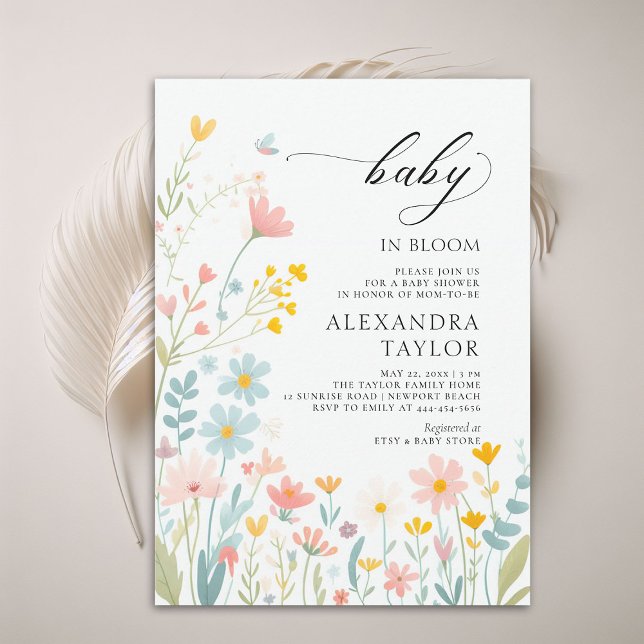 Convites Bebê em Blogue Pastel Flores Selvagens Chá (baby in bloom wildflowers baby shower invitation pastels watercolor cottage garden cute sweet boho)