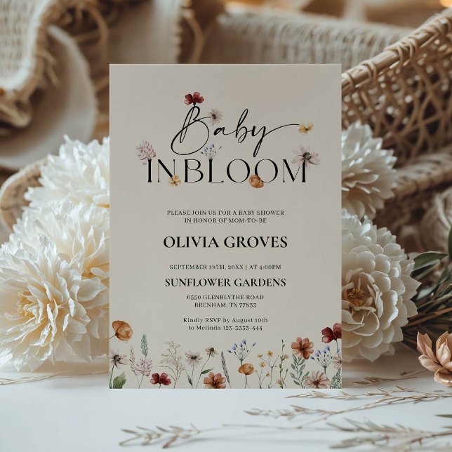 Convites Bebê em Bloom Beige Chá de fraldas de flor selvage (Criador carregado)