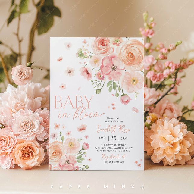 Convites Bebê em Bloom Chá de fraldas Floral Rosa (Baby in Bloom Floral Baby Shower Invitation)