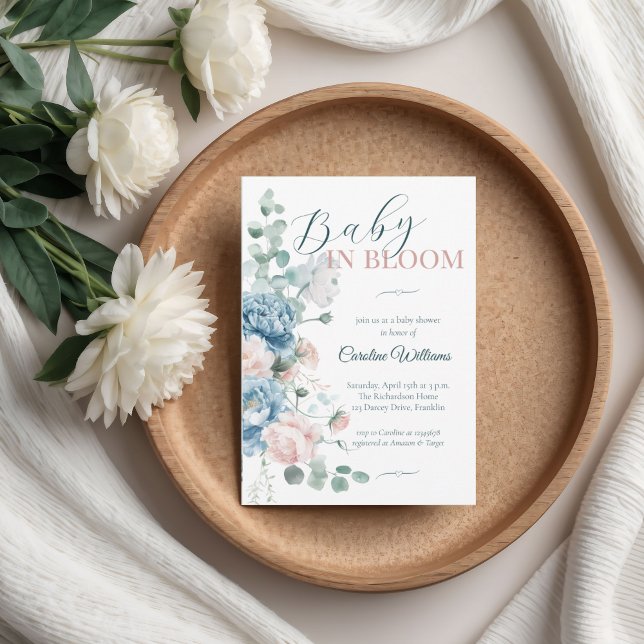 Convites Bebê em Bloom Dusty Chá de fraldas Azul (Criador carregado)