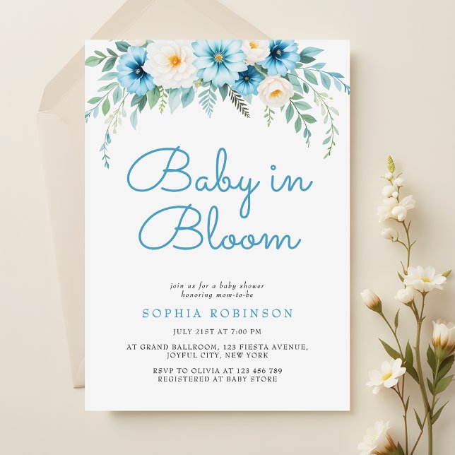 Convites Bebê em Bloom Pastel Chá de fraldas Floral Azul (Criador carregado)
