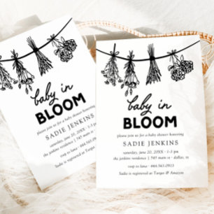 Convites Bebê em Bloom Preto e Chá de fraldas Branco
