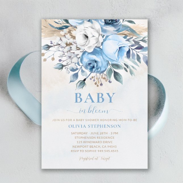 Convites Bebê em Bloom Rosas Azuis Elegantes Chá de fraldas (baby in bloom shower invitation dusty blue roses watercolor garden backyard rustic spring summer)