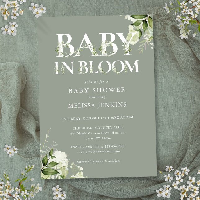 Convites Bebê Em Bloom Sage Greenery Chá de fraldas Floral (Baby In Bloom Sage Greenery Floral Baby Shower Invitation)