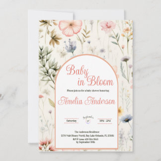 Convites Bebê em Bloom Watercolor Chá Floral de Flor Selvag