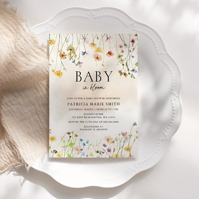 Convites Bebê em Bloomia Flores Selvagens Chá de fraldas (Baby in Bloom Wildflowers Baby Girl Baby Shower Invitation)