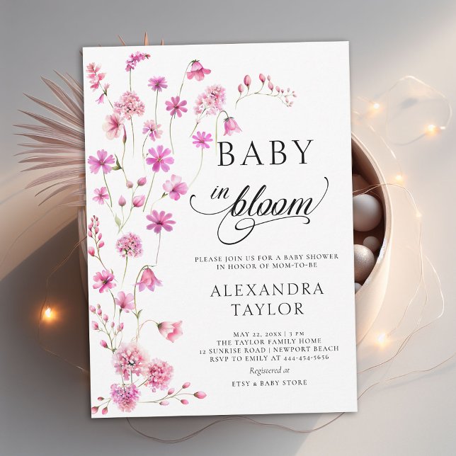 Convites Bebê em Bloomia Flores Selvagens Roteiro Chá (baby in bloom wildflowers baby shower invitation pink watercolor cottage garden cute sweet boho chic)