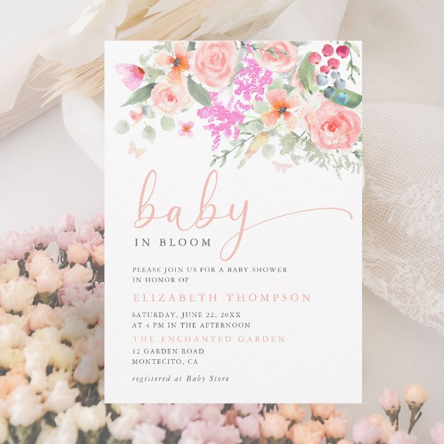 Convites Bebê em Bloomny Garden Floral Chá de fraldas (baby in bloom invitation colorful floral elegant modern calligraphy sunny garden party backyard)