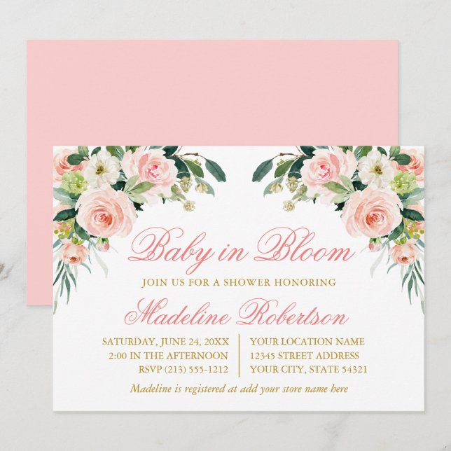 Convites Bebê Em Bloqueio Aquarela Cor Rosa Chá Branco Flor (Frente/Verso)