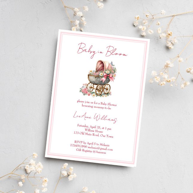 Convites Bebê em carruagem florescente chá de fraldas de fl (Baby in bloom vintage carriage pink bow wildflowers girls baby shower invitation template )