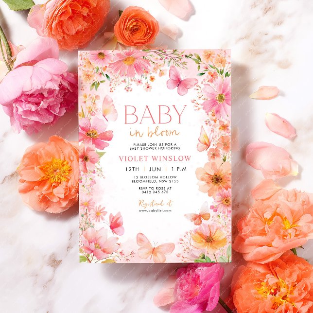 Convites Bebê em Chá de fraldas de flor selvagem de borbole (Bright Baby in Bloom Baby Shower invitation with flowers and butterflies)