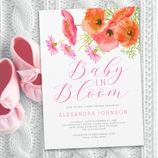 Convites Bebê em Flor Água-tinta Laranja Rosa Floral (Elegant baby in bloom watercolor wildflower pink & orange floral girl baby shower invitation )