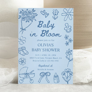 Convites Bebê em Flor Azul Desenhado à Mão Chuvinha de Amor