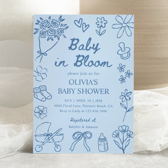 Convites Bebê em Flor Azul Desenhado à Mão Chuvinha de Amor (Criador carregado)