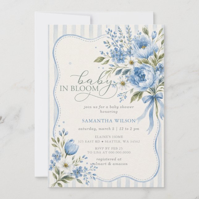 Convites Bebê em Flor azul laço Menino Chuveiro de Bebê Flo (Frente)