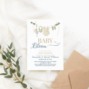 Convites Bebê em Flor Blue Greenery Corda de Roupas Botânic