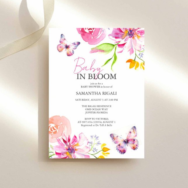 Convites Bebê em Flor Borboleta Floral Aquarela Banho (Butterfly and floral baby shower invitations feature unique watercolor art by Victoria Grigaliunas)