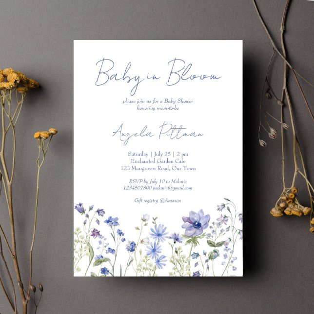 Convites Bebê em flor chá de fraldas azul empoeirado de flo (Baby in bloom dusty blue boho Wildflower baby shower Invitation editable template instant download)