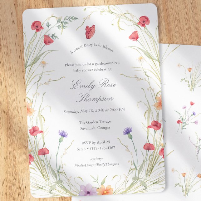 Convites Bebê em Flor - Chuveirinho de Bebê Menina Primaver (Baby in Bloom-Wildflower Spring Meadow-Baby Girl Shower Invitation)