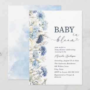 Convites Bebê em Flor Elegante aquarela em flores azuis B
