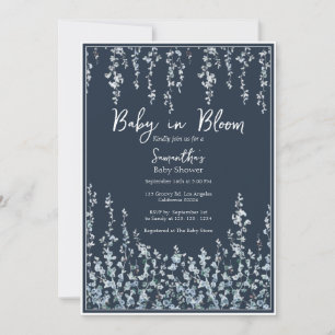 Convites Bebê em Flor Escuro Azul Flor Silvestre Chuvada de