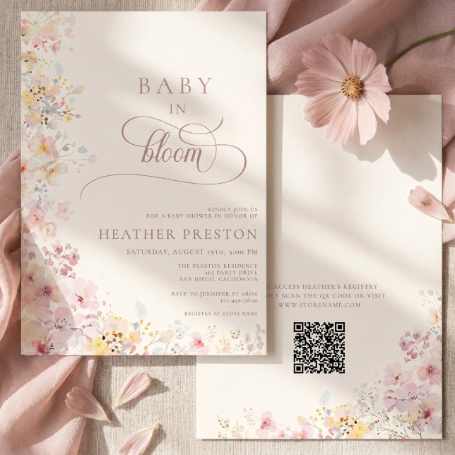 Convites Bebê em Flor Flor Silvestre QR Chás de Bebê (Criador carregado)