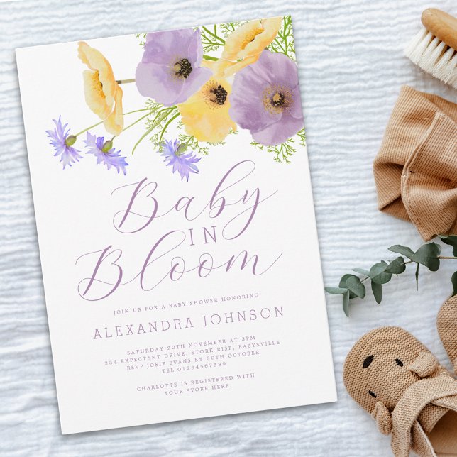 Convites Bebê em Flor Floral de Primavera em Aquarela (Wildflower baby in bloom gender neutral baby shower invitation Watercolor purple & Yellow flowers)