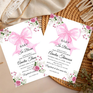 Convites Bebê em Flor linda menina Floral Laço Rosa aquarel